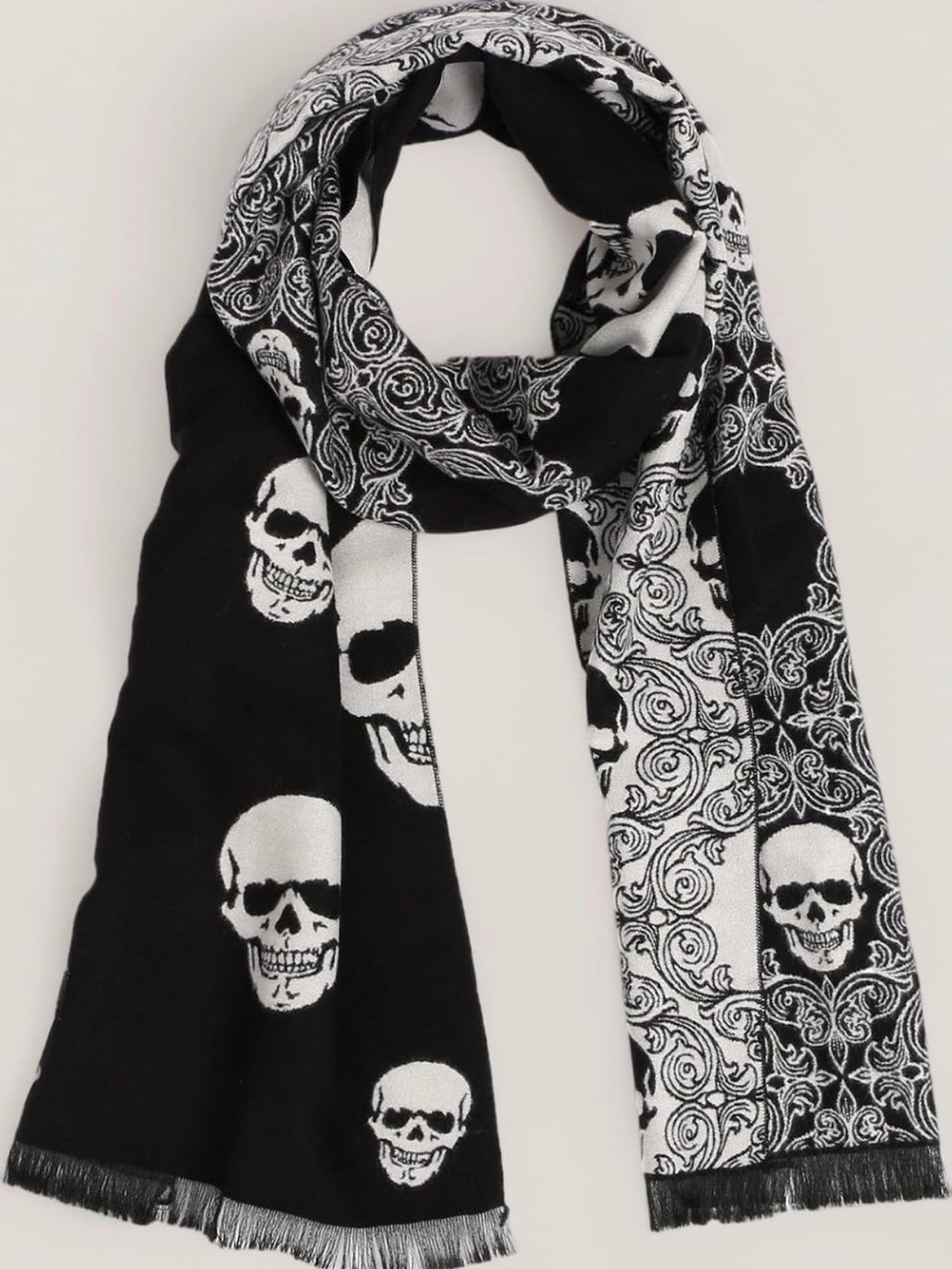 LANDISUN Skull Scarf Black White Paisley Gothic Oversized 80” Fringe